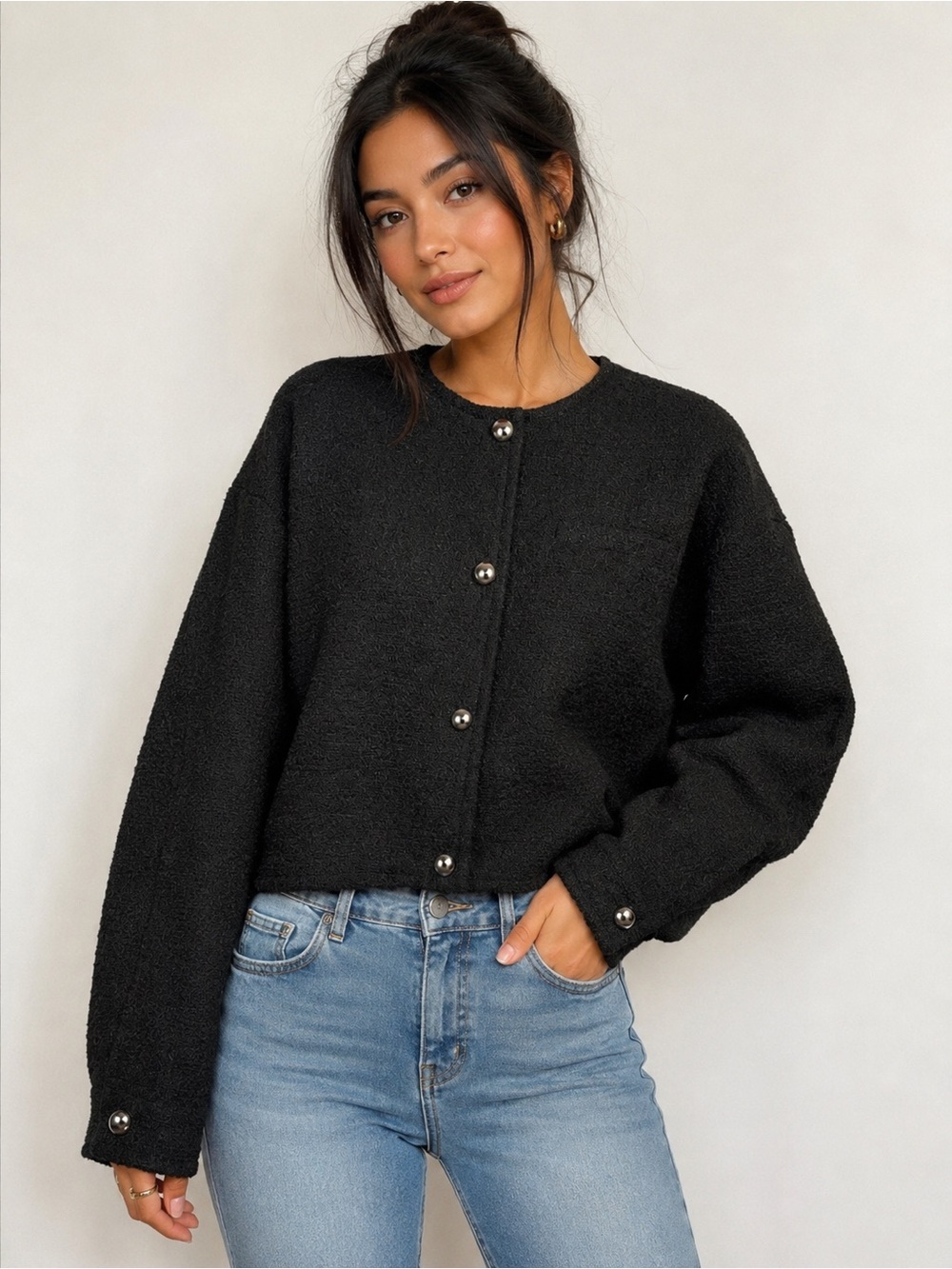 H&M Black Bouclé Cropped Snap Front Jacket Women’s Medium Textured Collarless Bl